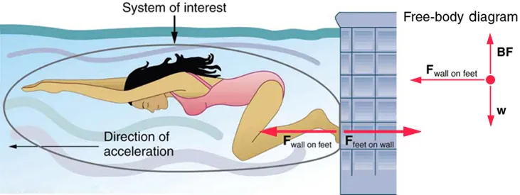 A swimmer pushes her feet against a wall. The force of her feet on the wall points right, the force of the wall on her feet points left, and a separate free-body diagram shows the wall force left, buoyant force up, and weight down.